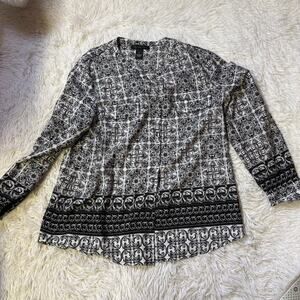 Joan Voss button up blouse womens XL black white print